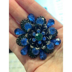 Vintage 1960s Blue & Green Rhinestone Domed Tiered Flower Brooch Rivet Back Pron